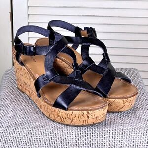 Classic G.H. Bass Black Leather Cork Wedge Sandals Retro look Caged Platform 9.5